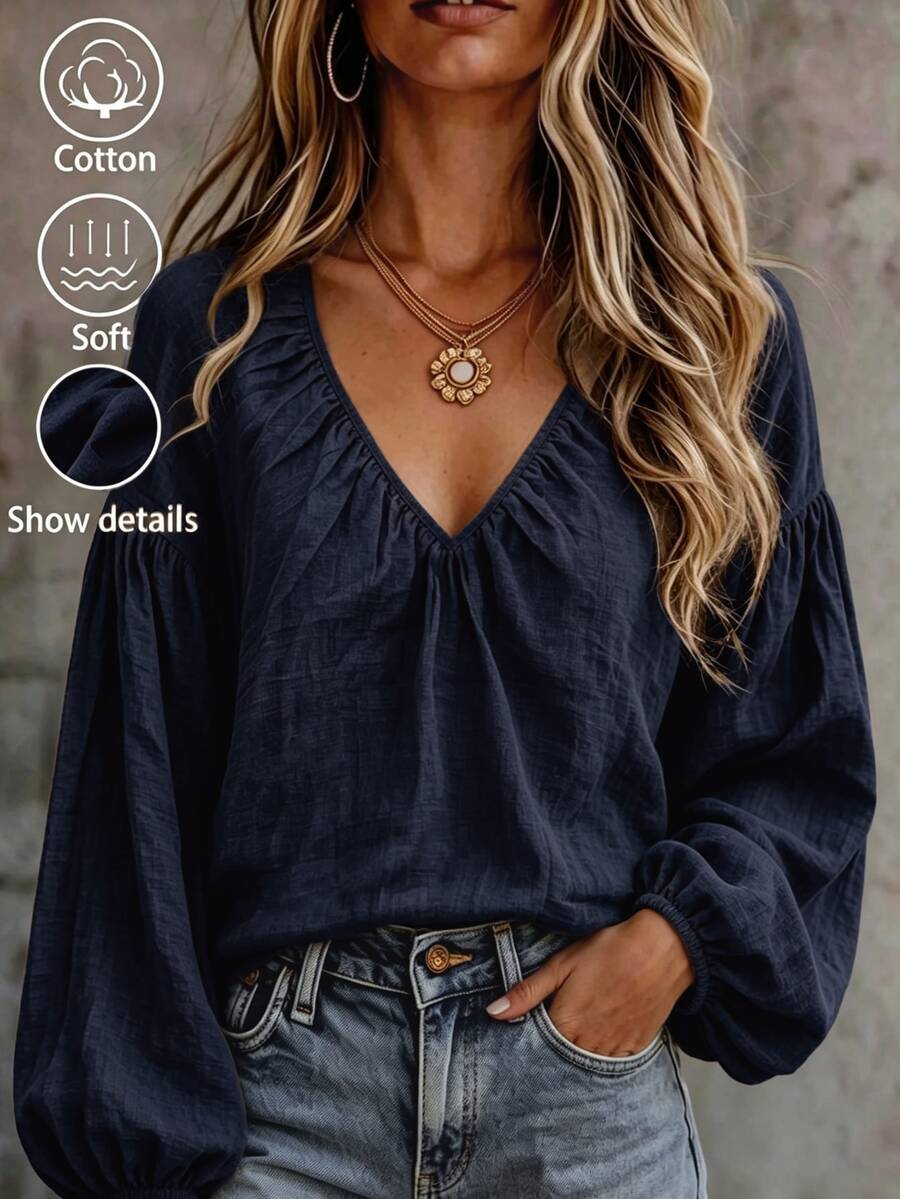 Breezaya Women's Solid Color V-Neck Lantern Sleeve Casual Blouse - Navy Blue - View 1