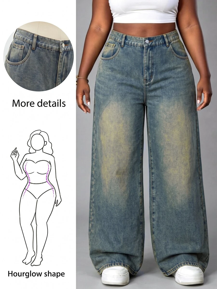 SHEIN MOD Celana Jeans Denim Kasual Longgar Kaki Lebar Pinggang Tinggi Saku Wanita Ukuran Besar - Dark Wash - View 1