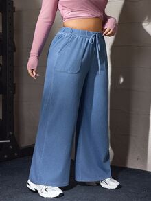 Flexra Plus Size Women's Drawstring Waist Casual Daily Straight Leg Denim Jeans - Blue - View 5