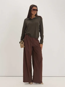 MUSEYN Khaki Knit Long Sleeve Polo Top Versatile Everyday Basics Casual Fall - Spring Green - View 2