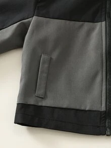 SHEIN 男嬰秋冬休閒時尚拼色拼接連帽夾克防風防曬外套 - 黑色 - 查看 4