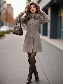 Editum Women's Street Style Faux Fur Patchwork Button Waist-Cinching Overcoat - Khaki - View 5
