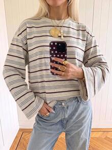 SHEIN EZwear 女款休閒海外風長袖條紋T恤，秋季上衣，適合日常通勤、聚會、秋冬夏季、聖誕節、新年、感恩節、派對、婚禮、海灘、畢業典禮、優雅、外出、約會、通勤、情人節、優雅、度假、Y2K、畢業典禮等場合 - 彩色 - 查看 4