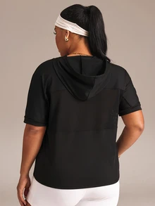 Rhythm Era Women's Plus Size Mesh Minimalist Short Sleeve Hooded Sports T-Shirt - Black - View 2