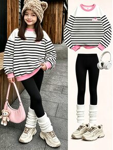 Tween女孩休閒極簡時尚經典黑白條紋配粉色Logo愛心圖案圓領長袖衛衣與內搭褲兩件套，適合秋冬Y2K、Chill、舒適秋季與冬季風格，時尚秋季 - 彩色 - 查看 3