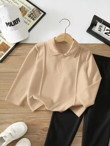 SHEIN 兒童小男孩休閒寬鬆百搭舒適素色針織長袖 Polo 衫 - 卡其色 - 查看 1