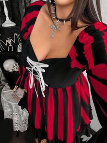 Whyspr 新款時尚哥德暗黑風萬聖節 Cosplay 黑白條紋元素網格裝飾繫帶設計長袖泡泡袖迷你洋裝蝴蝶結 - 酒紅色 - 查看 7