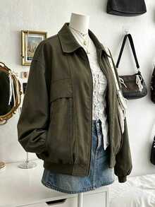 Lalippa Plus Size Women's Solid Color Long Sleeve Zipper Front Casual Jacket - Army Green - View 3