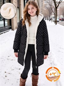 SHEIN 1件女童波點印花抓絨內裡連帽加厚外套，冬季中長款加厚防寒外套，雙層保暖+抓絨內裡，連帽+緊口袖口有效防風，兼具功能與時尚，冬季高出片率 - 黑與白 - 查看 5