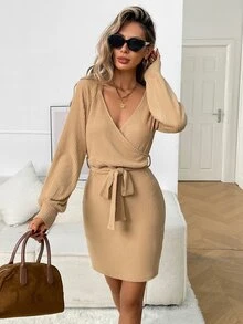 Balvessa Women's Solid Color Overlap V-Neck Dropped Shoulder Long Sleeve Elegant Dress - Apricot - View 4