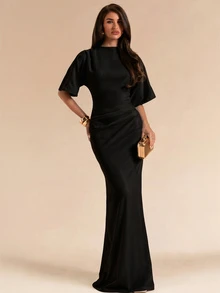 SHEIN BAE 春夏純白色短袖修身百褶優雅長洋裝 女款 - 黑色 - 查看 1