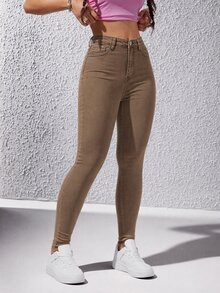 SHEIN ICON 女款修身休閒百搭牛仔褲，附口袋 - 棕色 - 查看 5