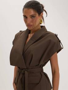 MUSEYN Brown Woven Structured Button Shoulder Tie Waist Tailored Top Versatile Everyday Casual Fall - Coffee Brown - View 5
