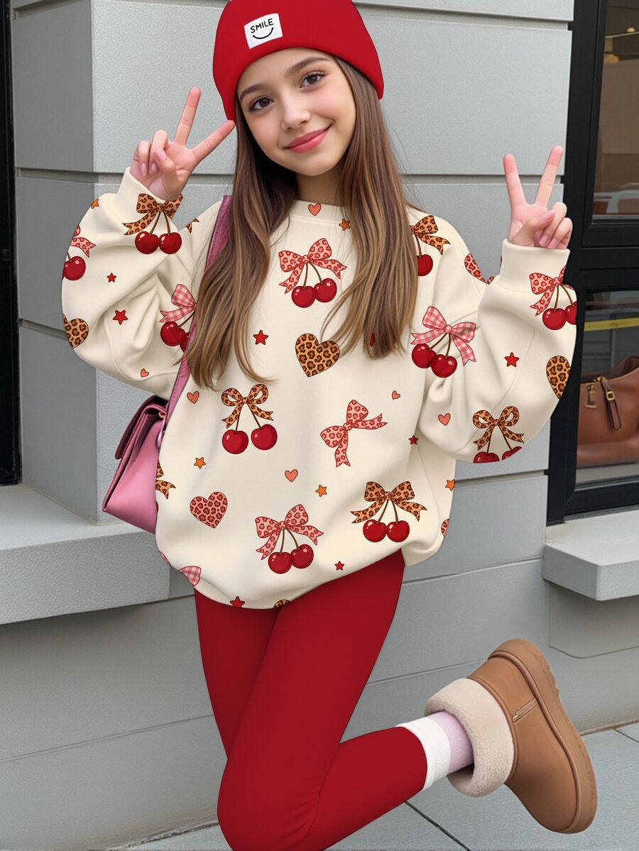 青少年女孩休閒可愛心形豹紋、蝴蝶結櫻桃、美式復古紅奶油色調,圓領休閒落肩衛衣與修身內搭褲兩件套日常穿搭,舒適秋冬風格,秋季新款,聖誕 - 彩色 - 查看 1