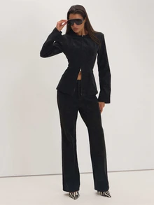 MUSEYN Black PU Low Waisted Straight Leg Trouser Versatile Everyday Date Night Casual Fall Winter Elegant Halloween - Black - View 1