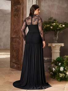 Aureia Plus Size Elegant Luxury French Embroidery Lace Round Neck Long Sleeve V-Neck Built-In Fishbone Bodycon Flared Hem Evening Dress For Women New Year - Black - View 2