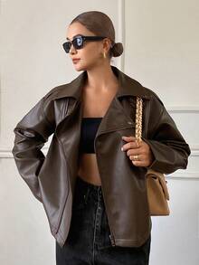 Dazy Tall Autumn Brown PU Leather Jacket With Turn Collar Loose Casual Street Office Commute Women's Jacket Winter - Brown - View 6