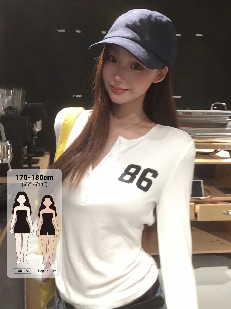 Dazy Tall 女款圓領字母印花韓式純色長袖春夏T恤 - 白色 - 查看 1
