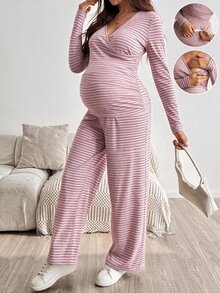 SHEIN 孕婦條紋哺乳長袖上衣與可調腰圍長褲休閒日常兩件套 秋季 - 粉色 - 查看 2