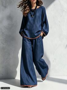Trelyra Autumn Clothing, Round Neck Contrast Trim Long Sleeve Top And Straight Leg Wide Leg Pants Two Pieces Set, Navy Blue Casual Two Pieces Set, Elegant Commute Two Pieces Set - Navy Blue - View 5