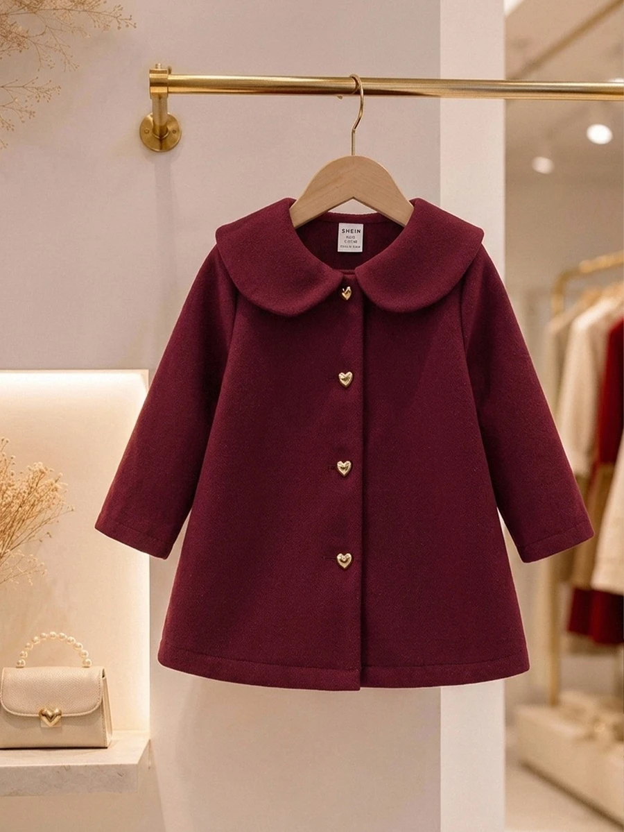 SHEIN 女嬰紅色秋冬可愛百搭彼得潘領大衣 - 酒紅色 - 查看 1
