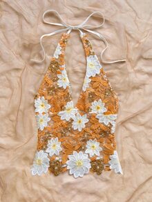Soleia 新款性感浪漫花卉刺繡V領露背綁帶背心，適合約會、夜店、波希米亞風、度假、秋季女裝、復古、假期 - 亮橙色 - 查看 2
