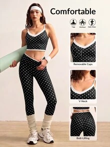 VARSIVA Women's Polka Dot Print Camisole Top And Criss-Cross Waist Contrast Color Long Pants Sports Set - Black and White - View 9