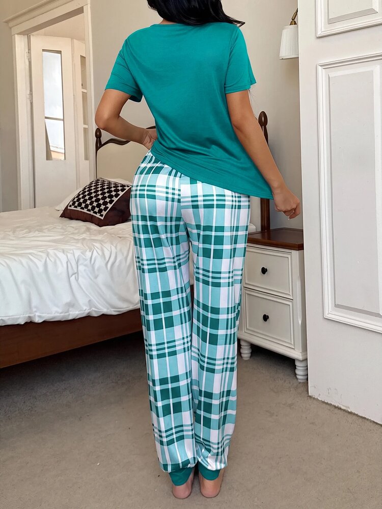 Dream Adore Casual Heart Print Short Sleeve Top & Plaid Print Long Pants Women Pajama Set - Green - View 2