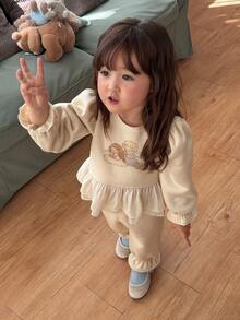 DAZY Infant Girl Round Neck Mesh Patchwork Casual Cartoon Print Sweatshirt Set - White - View 7