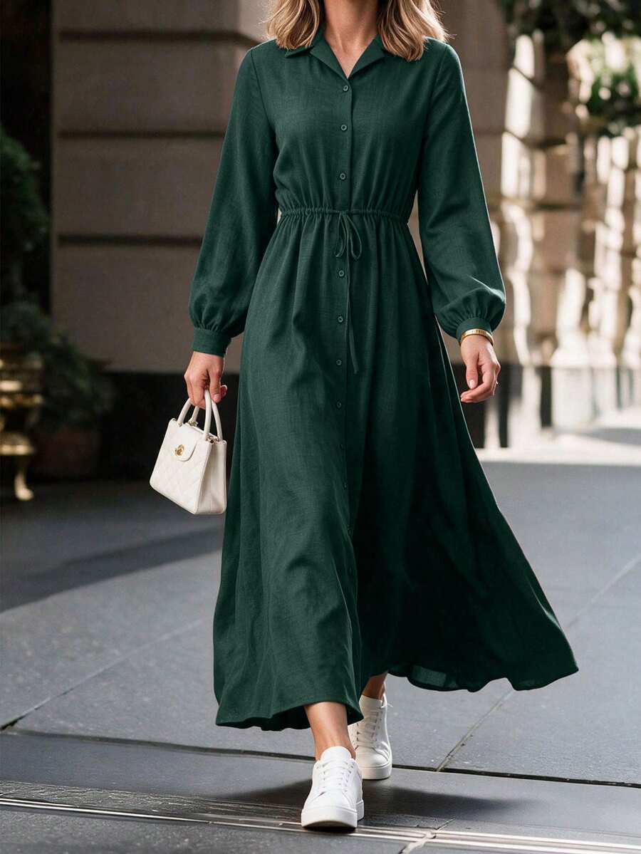 Louniche 女款深綠色優雅休閒長袖前扣領結領洋裝,適合辦公室秋季穿著 - 綠色 - 查看 1