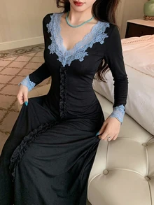 DAZY Damklänning i spets med patchwork, avslappnad vardags- och hemmaklänning för sömn - Svart - Visa 5