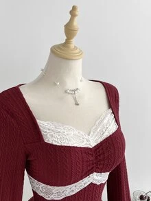 Elamini Minimalist Sexy Sweet & Spicy Girl Style Elegant Slim Fit Flattering High-End Red Lace T-Shirt For Women Spring Autumn - Burgundy - View 4