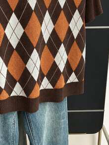 Franclia New Spring Summer Vintage Preppy Style Colorblock Plaid Knit Pullover Sweater For Women - Coffee Brown - View 3