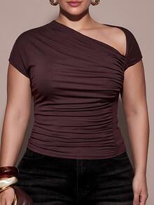 SHEIN BAE CURVE Plus Size Women's Asymmetrical Neckline Ruched Top - Brown - View 5