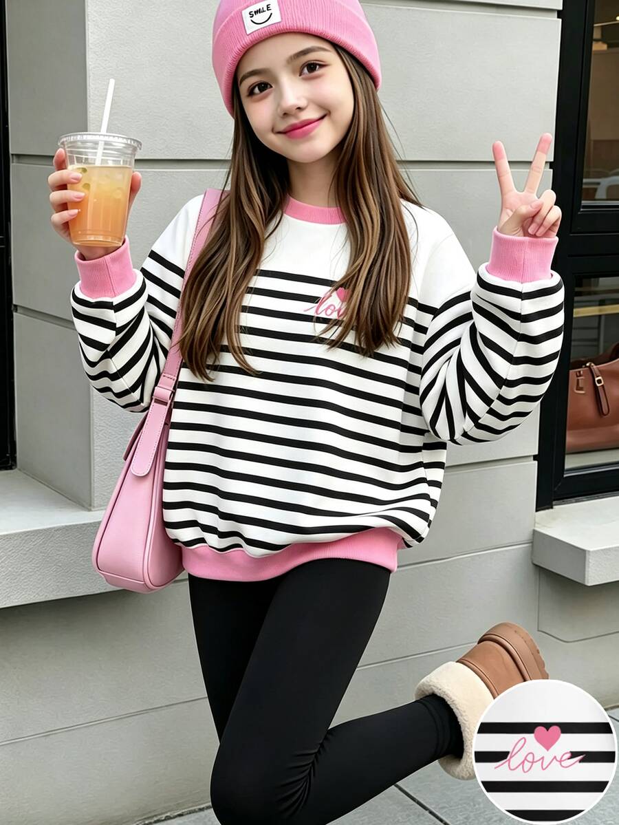 Tween女孩休閒極簡時尚經典黑白條紋配粉色Logo愛心圖案圓領長袖衛衣與內搭褲兩件套,適合秋冬Y2K、Chill、舒適秋季與冬季風格,時尚秋季 - 彩色 - 查看 1