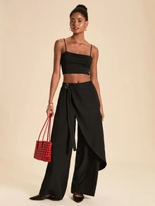 Travachic Women's Solid Color Side Waist Buckle Design Wide Leg Loose Long Pants - Black - View 4
