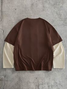 EASEVO Men's Plus Size Faux Two Pieces Long Sleeve Crew Neck Casual T-Shirt Halloween Winter Party Autumn - Coffee Brown - View 2