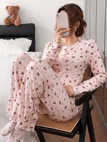 Napfluff Girl Style Frill Trim Bow Pattern Ribbed Knit Home Lounge Set - Baby Pink - View 4