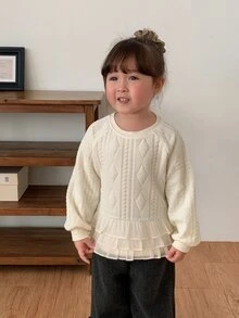 DAZY Baby Girl Round Neck Ruffle Trim Long Sleeve Korean Style One-Piece Casual Sweatshirt, Autumn/Winter - Apricot - View 3