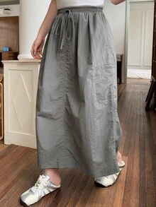 Dazy Plus Solid Color Casual Streetwear Elastic Waist H-Line Straight Long Skirt, Versatile Fall/ Vacation Beach Grey - Dark Grey - View 6