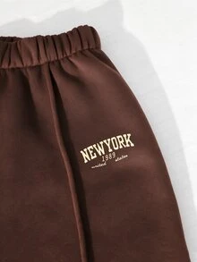 SHEIN 女童大童春秋冬季休閒運動 2 件套 紐約字母印花立領衛衣短褲套裝 校園校服 米色白色 - 彩色 - 查看 4