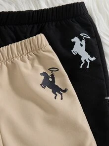 SHEIN Vintaside Kids 2件組男嬰可愛學院風運動衫與慢跑褲套裝，黑色與棕褐色馬匹圖案，毛絨內裡，長袖圓領，加厚戶外秋冬聖誕休閒款 - 彩色 - 查看 5