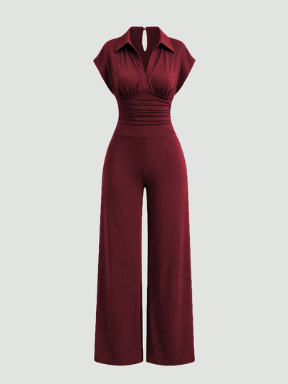 Sweetra Mature Elegant Pure Desire Casual Young Lady Office Daily Street Light Business Gathering Afternoon Tea Lapel V-Neck Side Waist Gathered Back Water Drop Hollow Out Spring Summer Autumn Women Jumpsuit