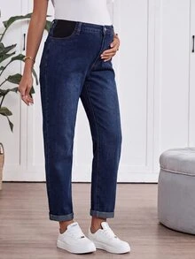 SHEIN 孕婦時尚百搭鈕扣口袋牛仔褲 女款西部牛仔風穿搭 - 藍色 - 查看 4