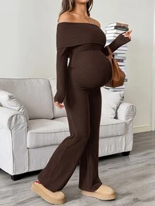SHEIN Maternity Solid Color Off-Shoulder Casual Daily Wear Jumpsuit - Brown - View 5