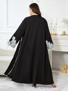 Al Najma Minimalist Casual Solid Color Lace Trim Long Sleeve Loose Regular Fit Spring Autumn Plus Size Abaya - Black - View 2