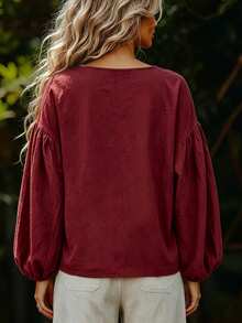 Breezaya Blus Wanita Lengan Panjang Kasual Leher V Warna Polos untuk Sehari-hari - Burgundy - View 2