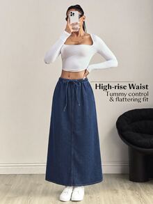 SHEIN MOD Women's Street Style Drawstring Waist Pocket Denim Skirt - Dark Wash - View 4