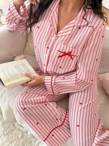 SweetSlumber Women's Heart Stripe Long Sleeve Single-Breasted Top And Pants Pajama Set - Multicolor - View 6
