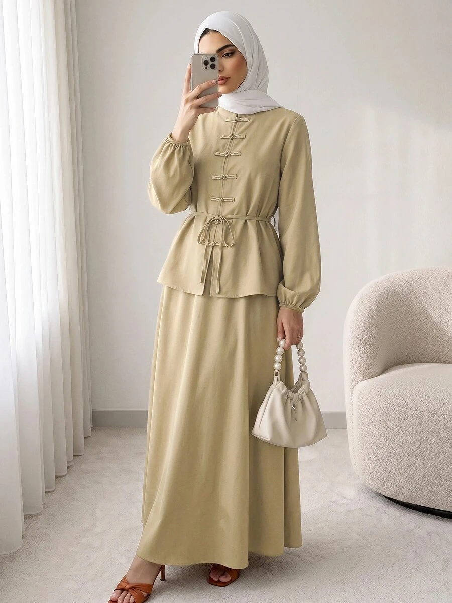 Solavon New Design Modern Chinese Style Frog Button Waist Tie Blouse And Skirt Casual Versatile Set - Khaki - View 1
